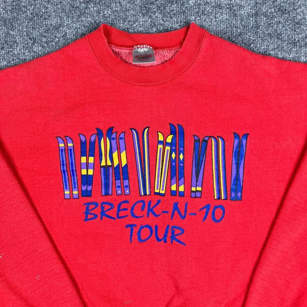 Fruit of the Loom Sweatshirt Mens Size L Red Breck-N-10 Tour Ski Graphic Vintage